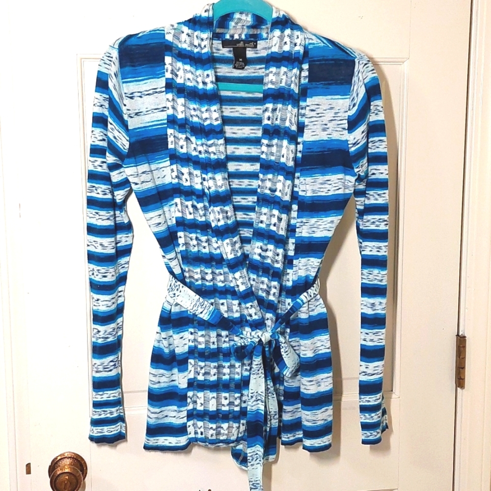 Blue Striped Belted Waterfall Sweater, Size M